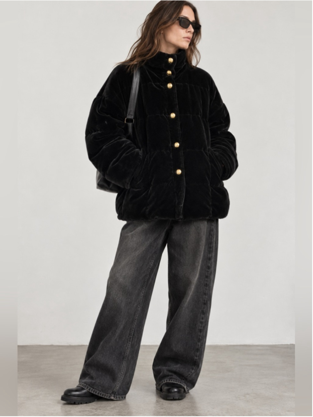 Vintage MONDI Black Velvet Puffer Jacket Gold Buttons Avant Garde Oversized 38